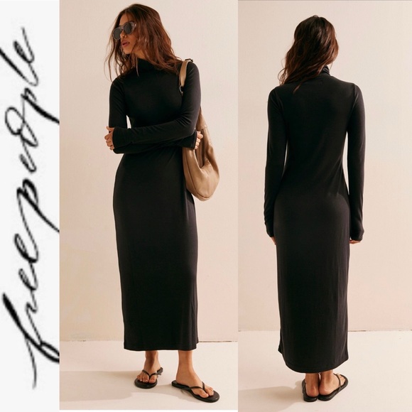 Free People Dresses & Skirts - NEW Free People Free-EST Good Feels Black Mock Neck Long Sleeve Midi Dress S